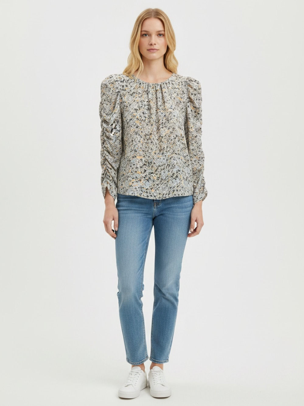 Max Studio Women's Floral Print Ruched Side coquette Blouse, Size XS